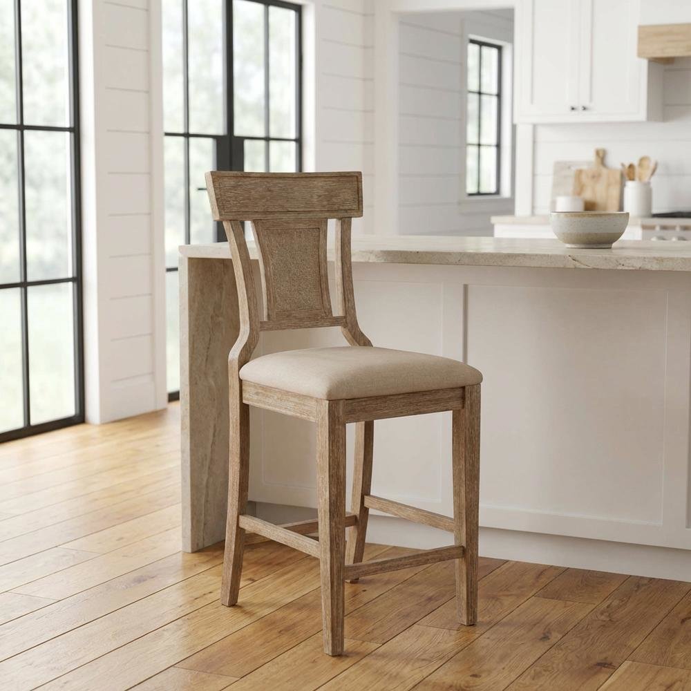 Brown Counter Stool with Solid Rubberwood Frame, Padded Seat & Linen Upholstery