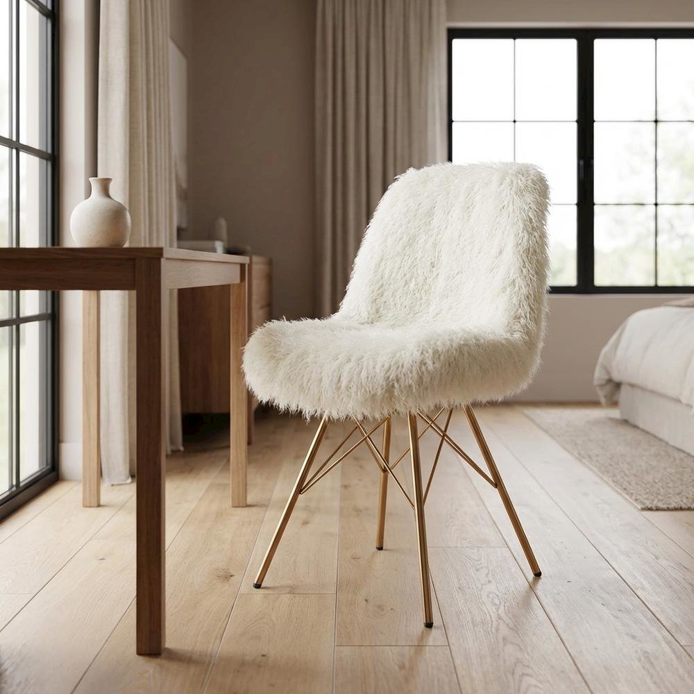 Flokati Dining Chair with Gold Metal Base and Comfortable Fabric Seat