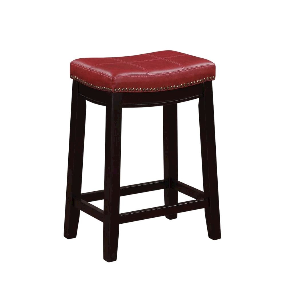 Red counter stool with rubberwood frame and cushioned faux leather seat