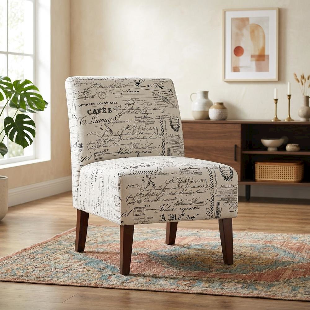 Linen Script Lily Accent Chair in Brown Fabric with Comfortable Seat