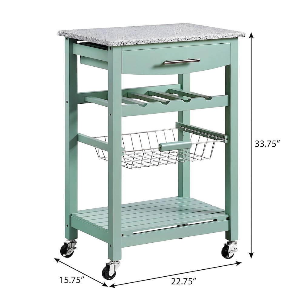 Pine Wood Kitchen Island with Granite Top, Wine Rack and Pull-Out Drawer, Green