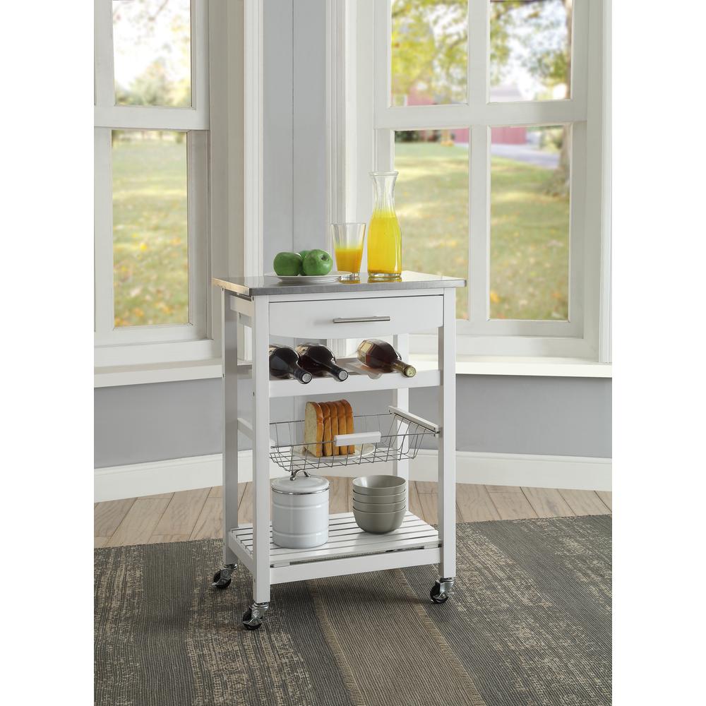 White Kitchen Cart with Pine Top and Stainless Steel Accents for Storage