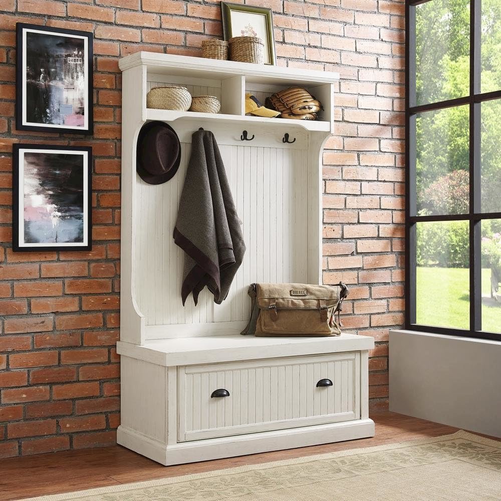 Distressed White Hall Tree with Anti-Tip Hardware and Sturdy Construction