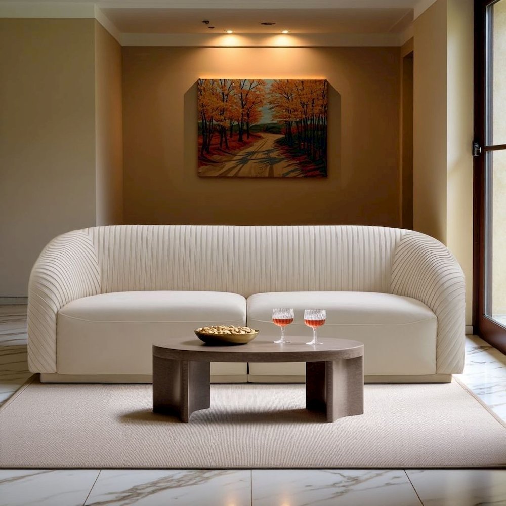 Beige Velvet 3 Seater Couch With Rolled Arms And Pleated Backrest Detail