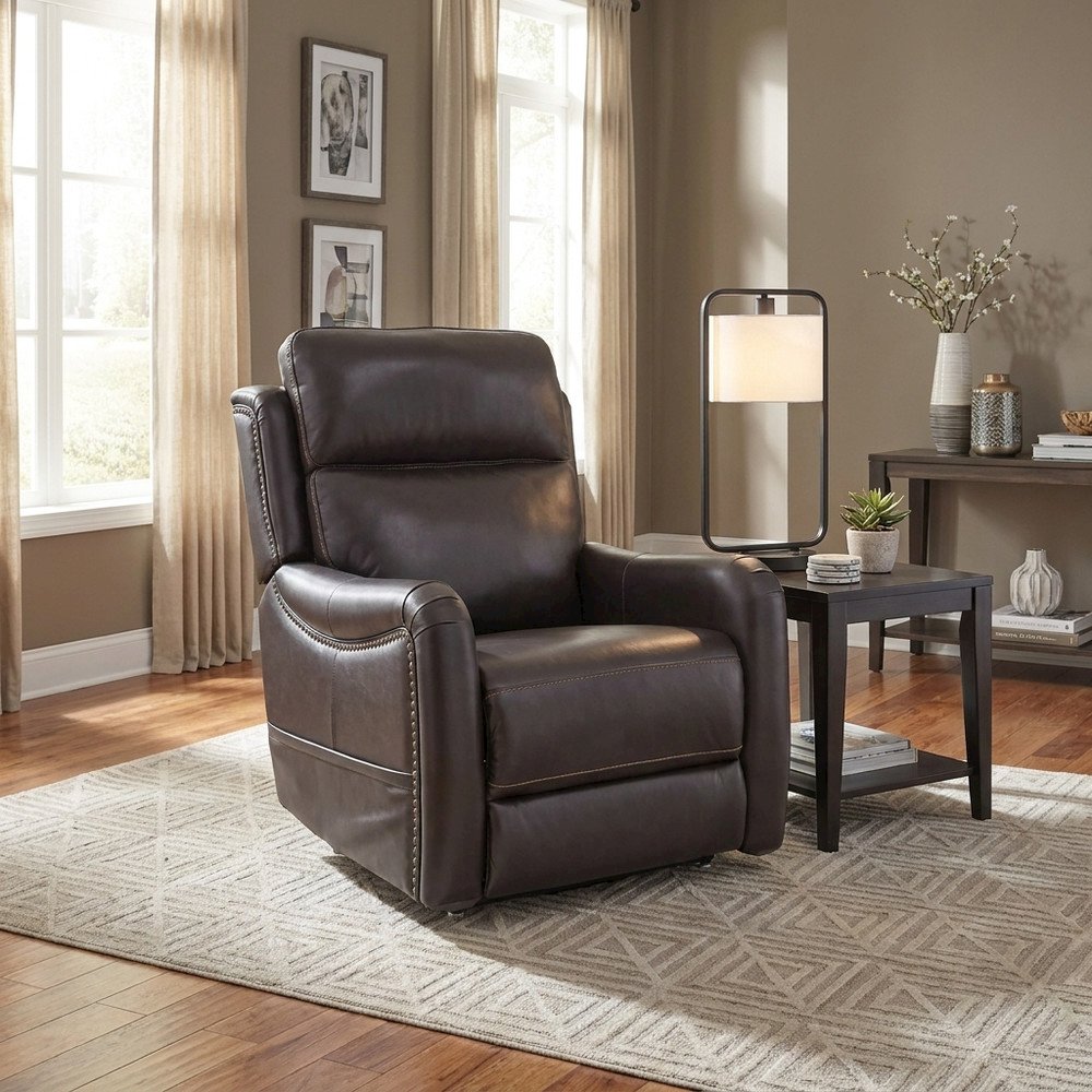Brown Leather Power Lift Recliner with Heat, Power Headrest & Lumbar Support