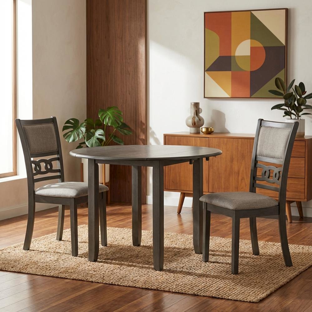 3-Piece Wood Dining Set Round Drop-Leaf Table 2 Chairs Contemporary Gray