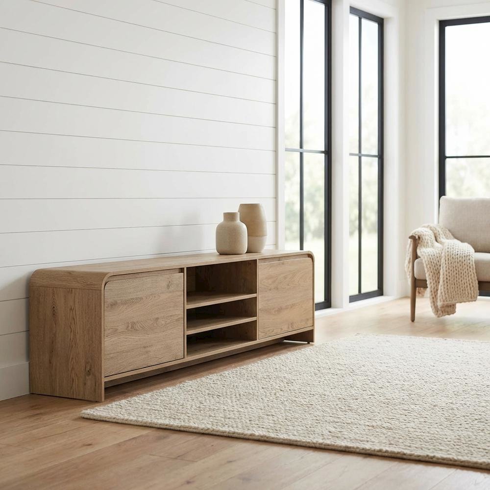 Beige Wood TV Stand with Rubberwood Solids and Walnut Veneers for Living Room