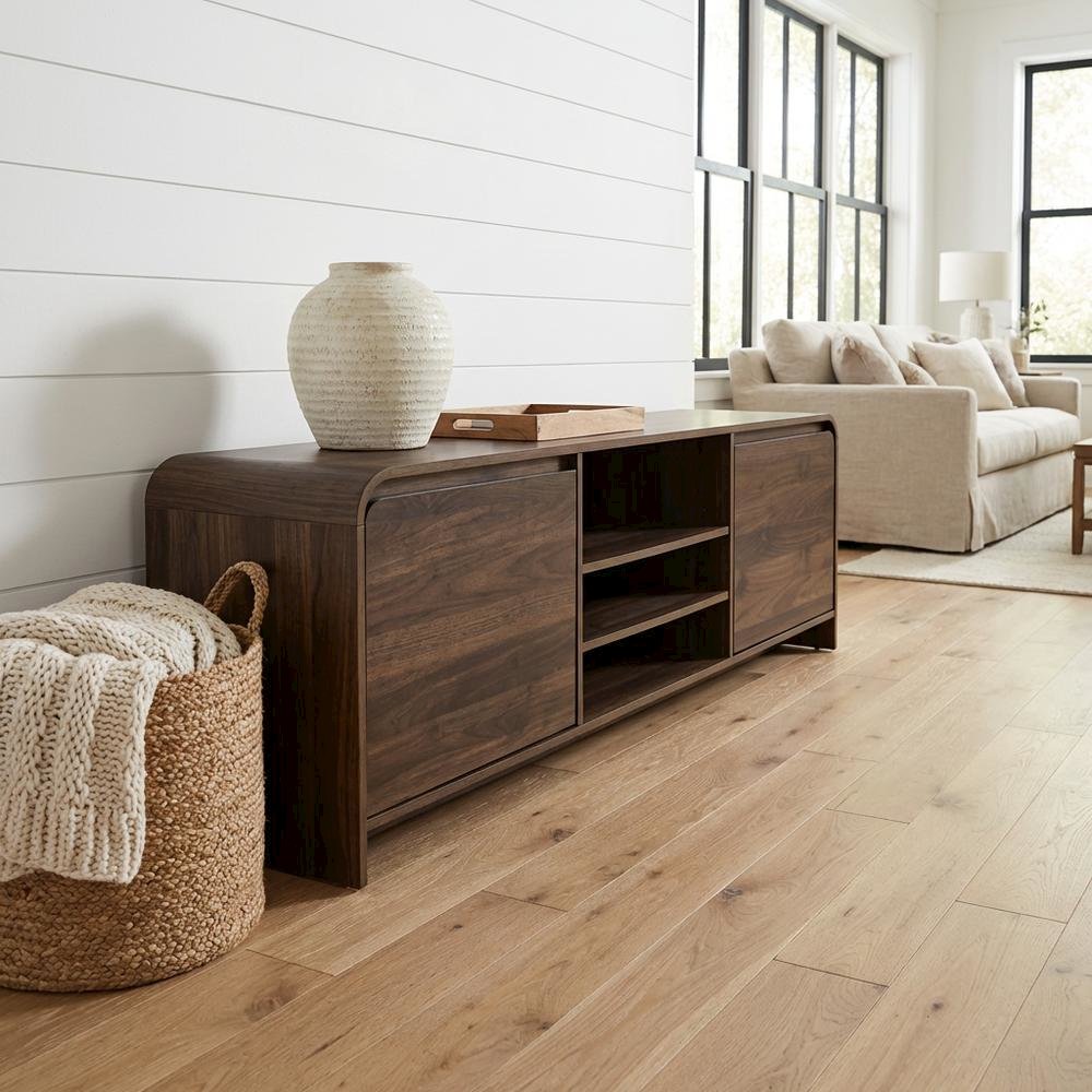 Walnut Wood TV Stand with Solid Rubberwood and Veneers for Indoor Living