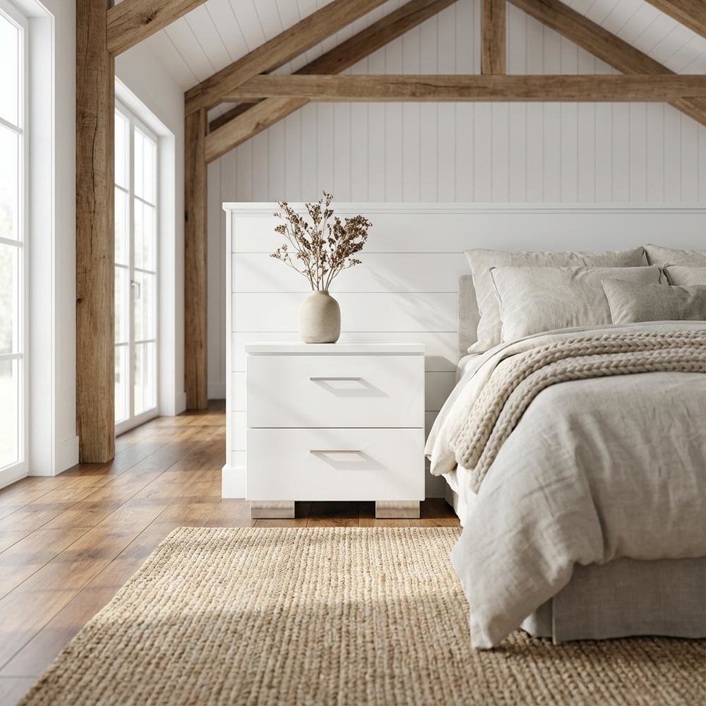 White Solid Wood Nightstand with 2 Drawers for Bedroom Decor
