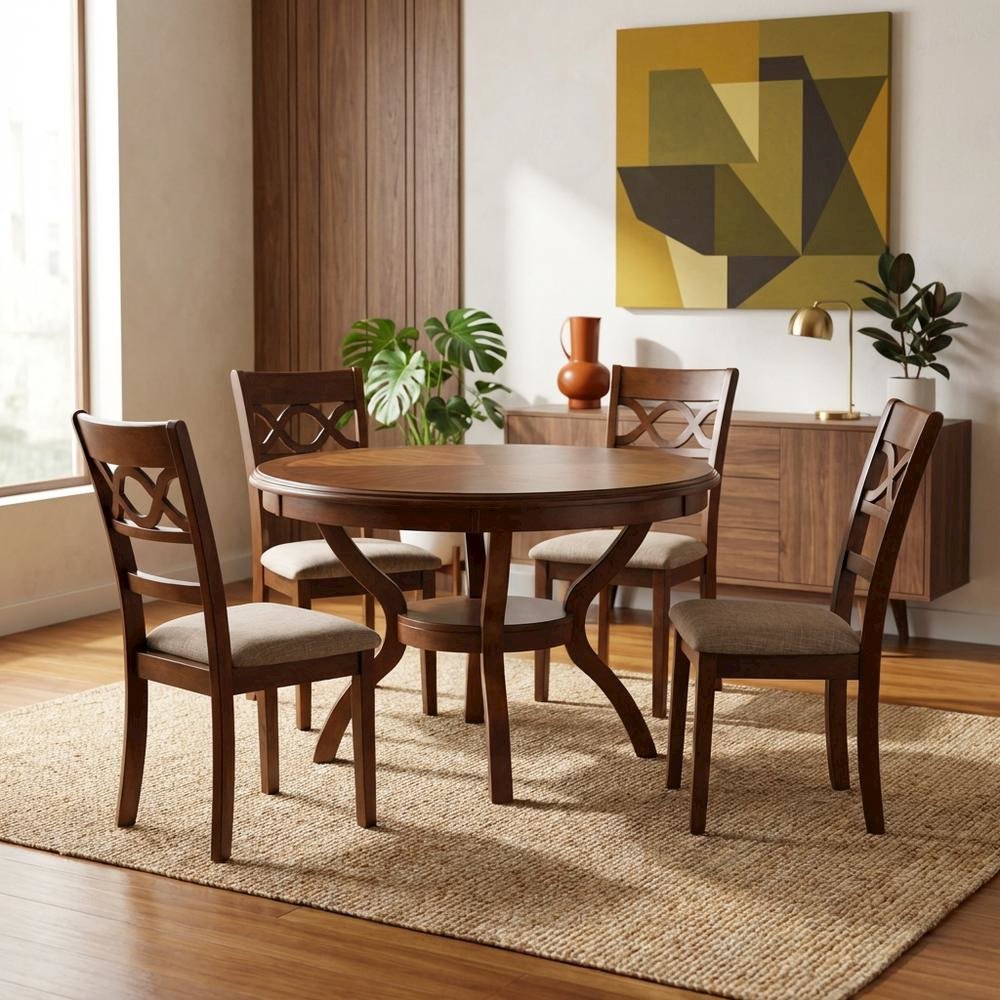 Round Dining Table Set for 4 – Cherry Wood Kitchen Table with Chairs