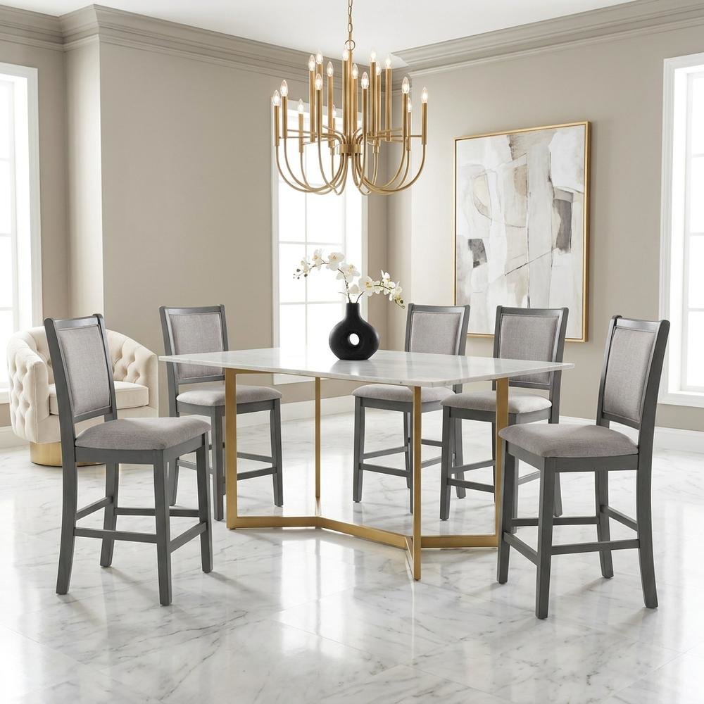 Solid Wood Counter Height Bar Stools with Polyester Upholstered Seats, Set of 6