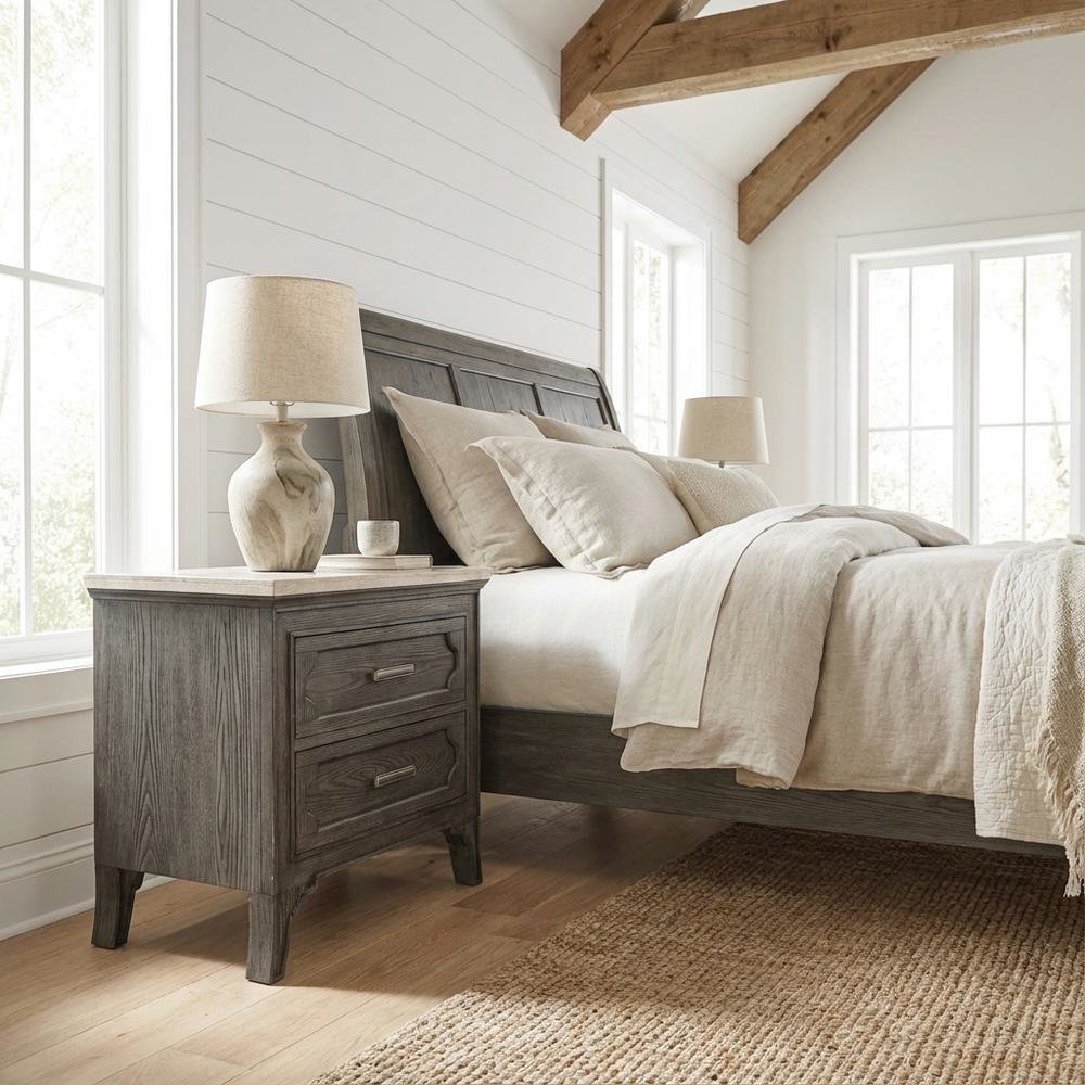 Gray Marble Top Nightstand with Painted Finish and Brushed Nickel Handle