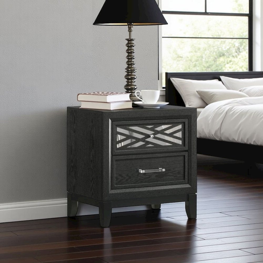 Black 2 Drawer Nightstand – Solid Night Stand Black Wood Bedroom Chest