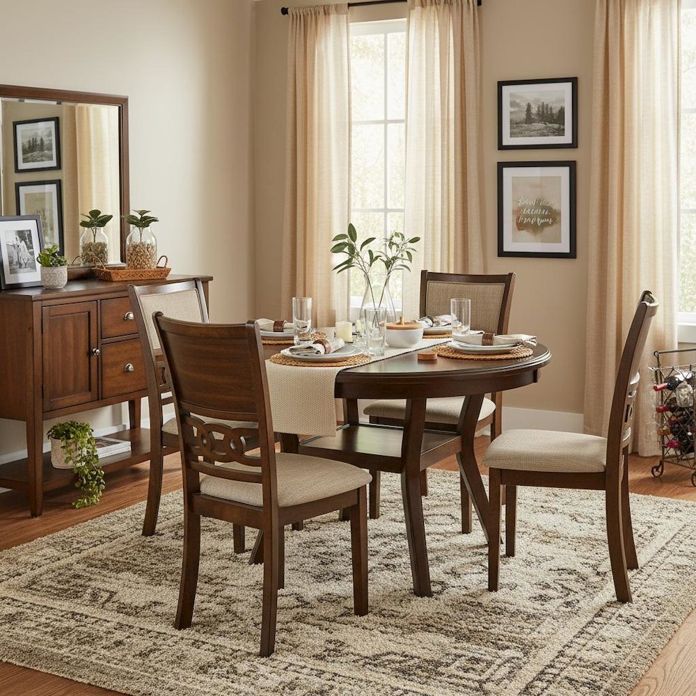 Cherry Brown 5-Piece Wood Round Dining Set, Traditional Finish