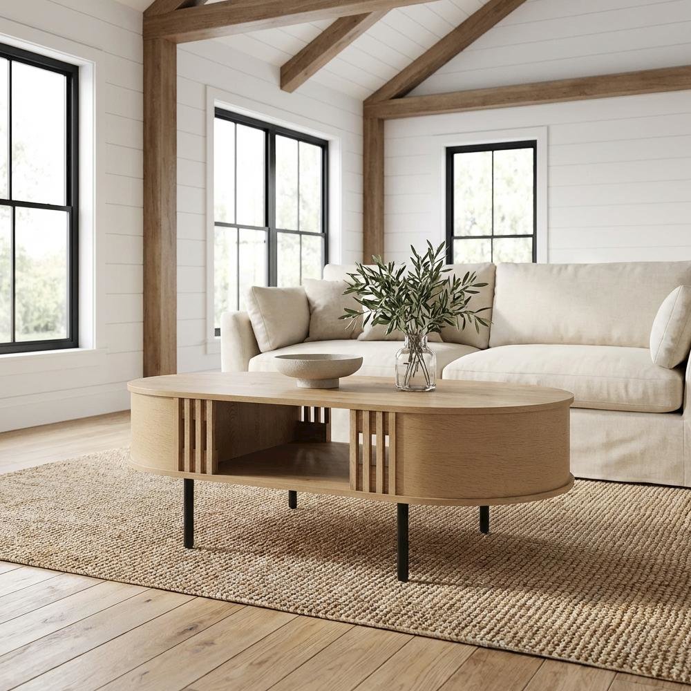 Earth-toned Oval Wood Coffee Table with Cam Bolt and Metal Accents, Surface