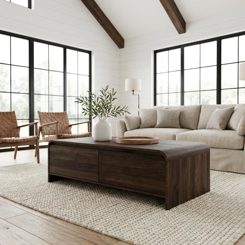 Walnut Rectangular Coffee Table with Metal Base and Cam Bolt Design
