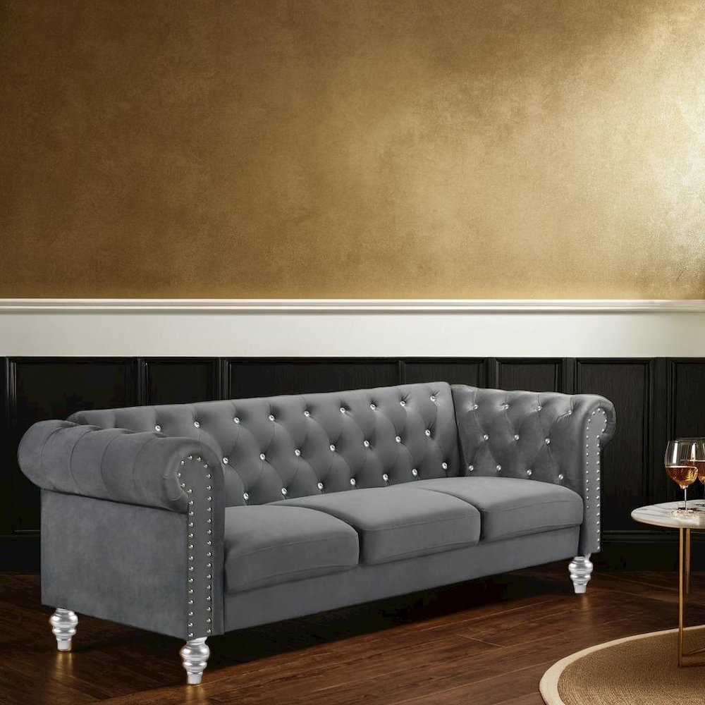 Velvet Fabric Sofa with Rolled Arms in Gray, Elegant Living Room Seating