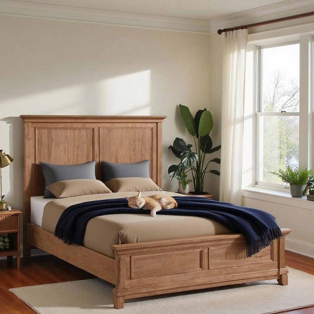 Honey Brown Farmhouse Queen Bed Frame, Rustic Wooden Bedframe with Headboard