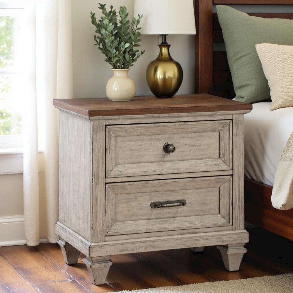 Beige Wooden Nightstand with USB Ports Farmhouse Style Vintage Bed Side Table