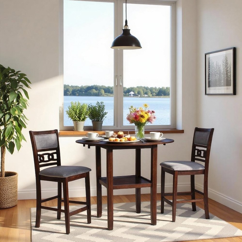 Brown Cherry 3 Piece Drop Leaf Table and 2 Chairs, Small Round Dining Table Set