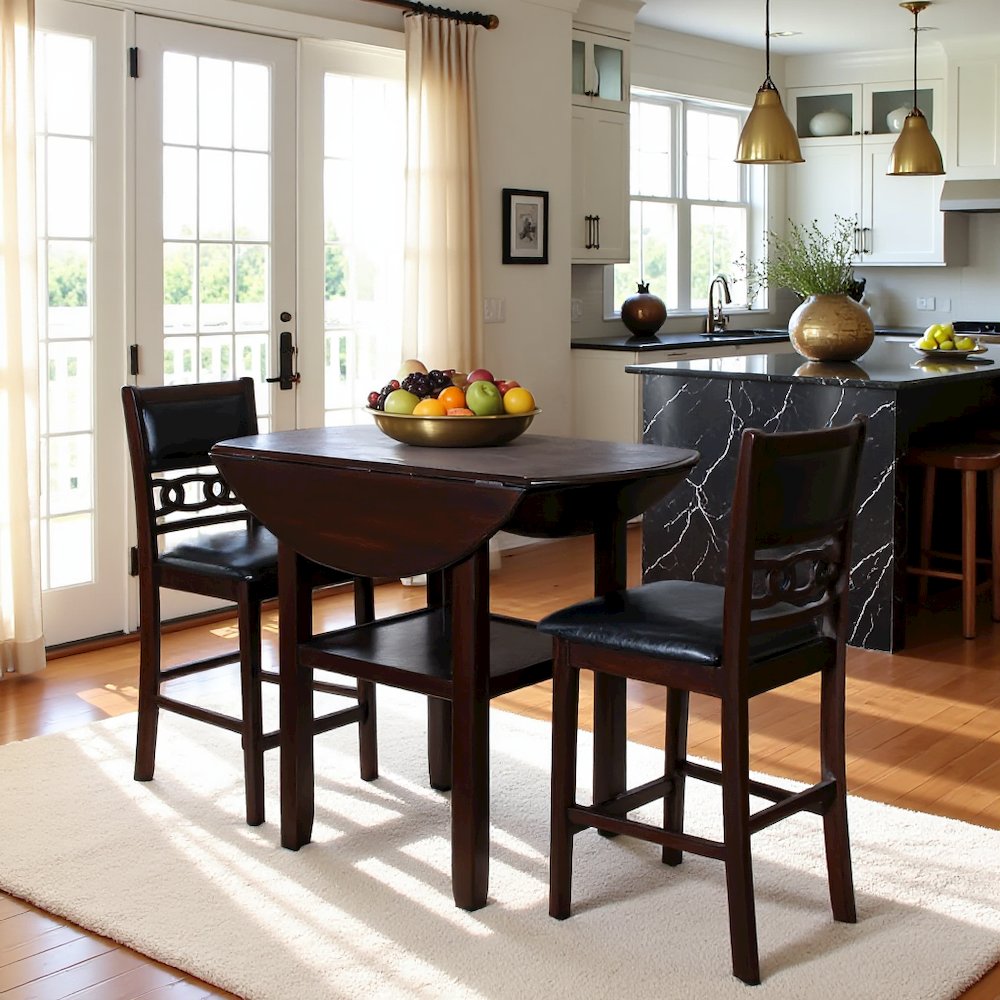 Dark Brown 3 Piece Drop Leaf Table and 2 Chairs, Small Round Dining Table Set