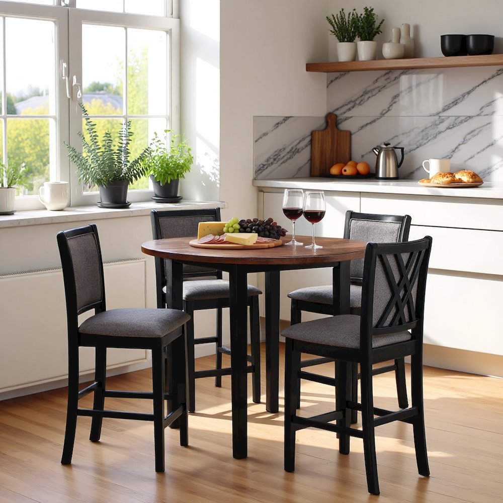 Black Round Dining Table with 4 Chairs, Solid Wood Dinner Table Set