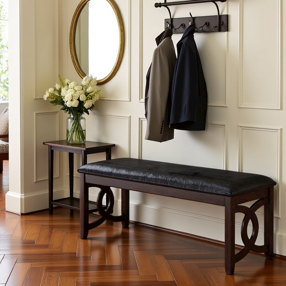 Ebony Black Solid Wood 46 Inch Faux Leather Vintage Bench For Living Room