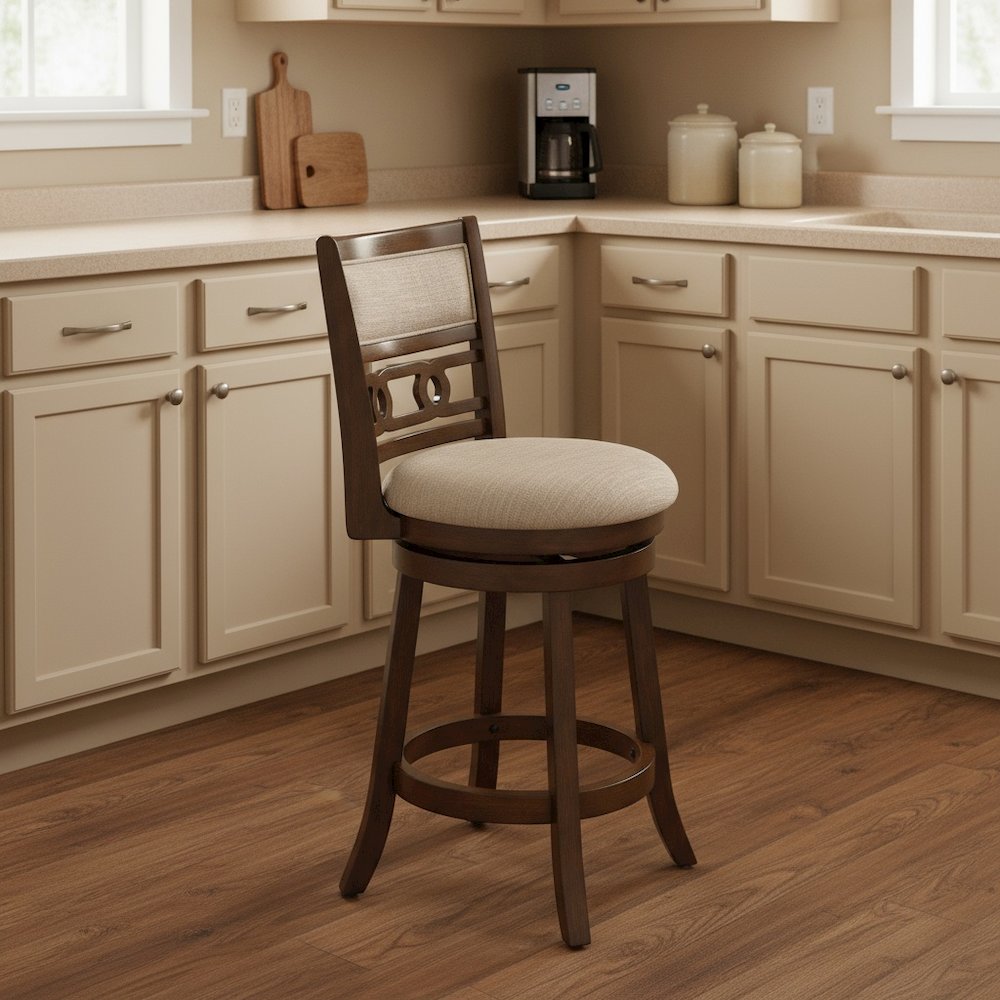 24-Inch Wood Swivel Counter Stool Cherry Brown Fabric