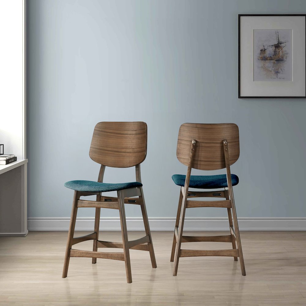 Oscar Wood Counter Chair in Walnut/Teal (Set of 2)
