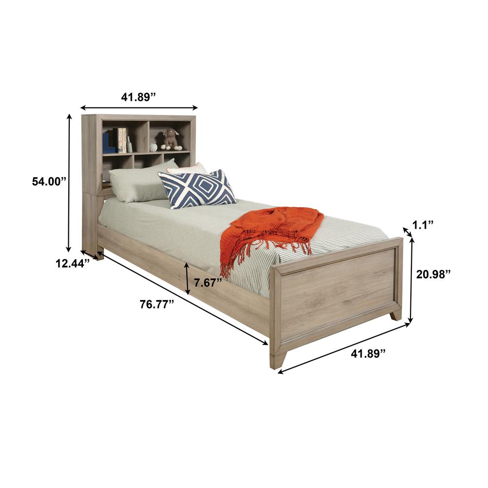Kids Twin Bed Bookcase Headboard with Trundle in River Birch Brown