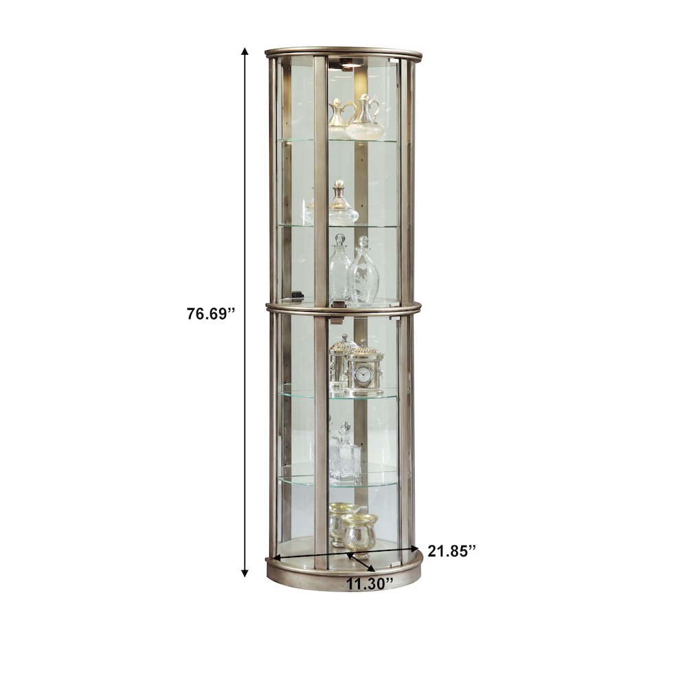 Lighted Half Round 5 Shelf Curio Cabinet in Aged Silver
