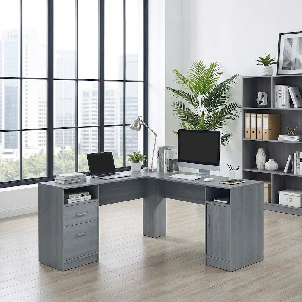 Grey L-Shape Desk with Storage and Slim Design for Home Office