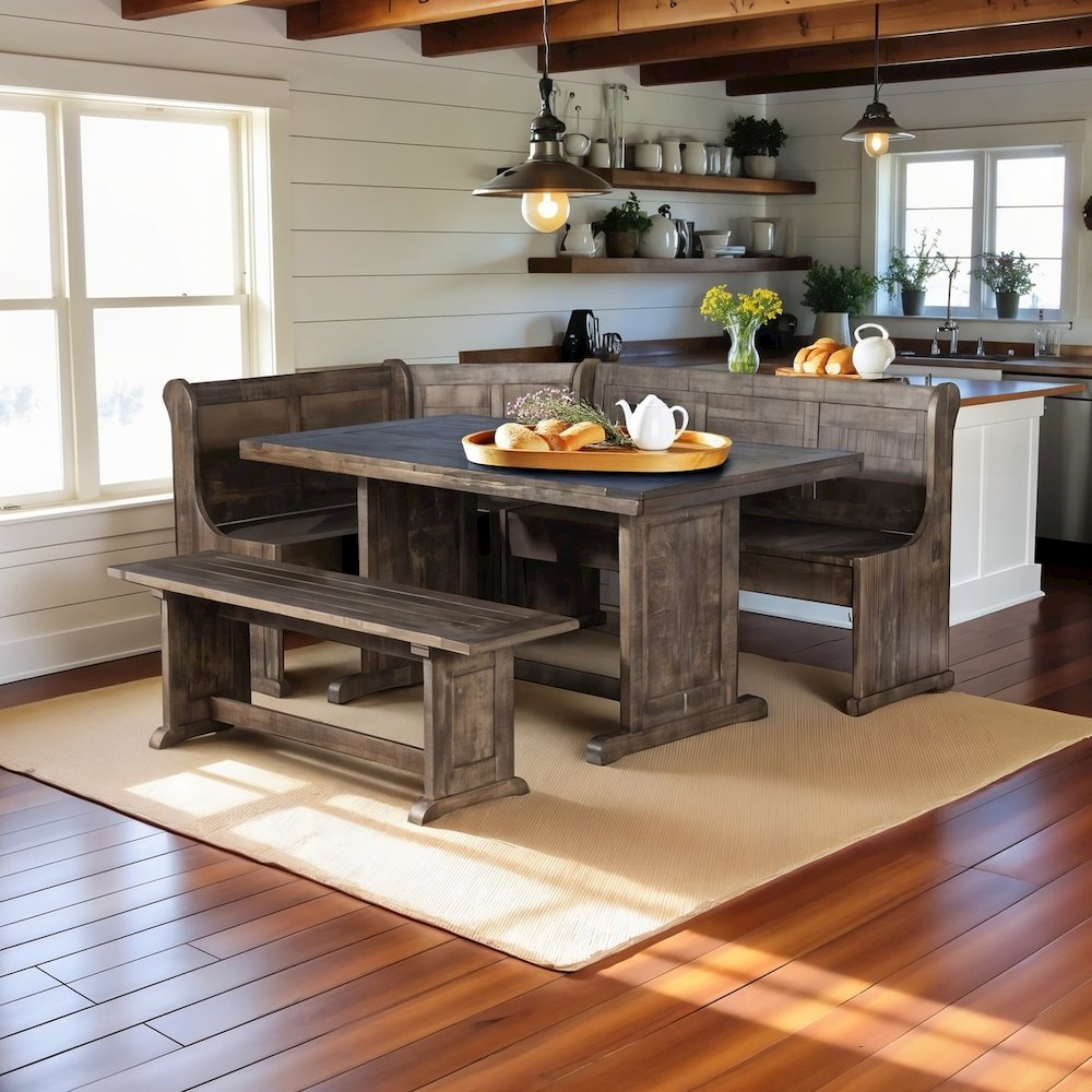 Brown Solid Wood Breakfast Nook, Corner Dining Table Set, Kitchen Nook Table Set