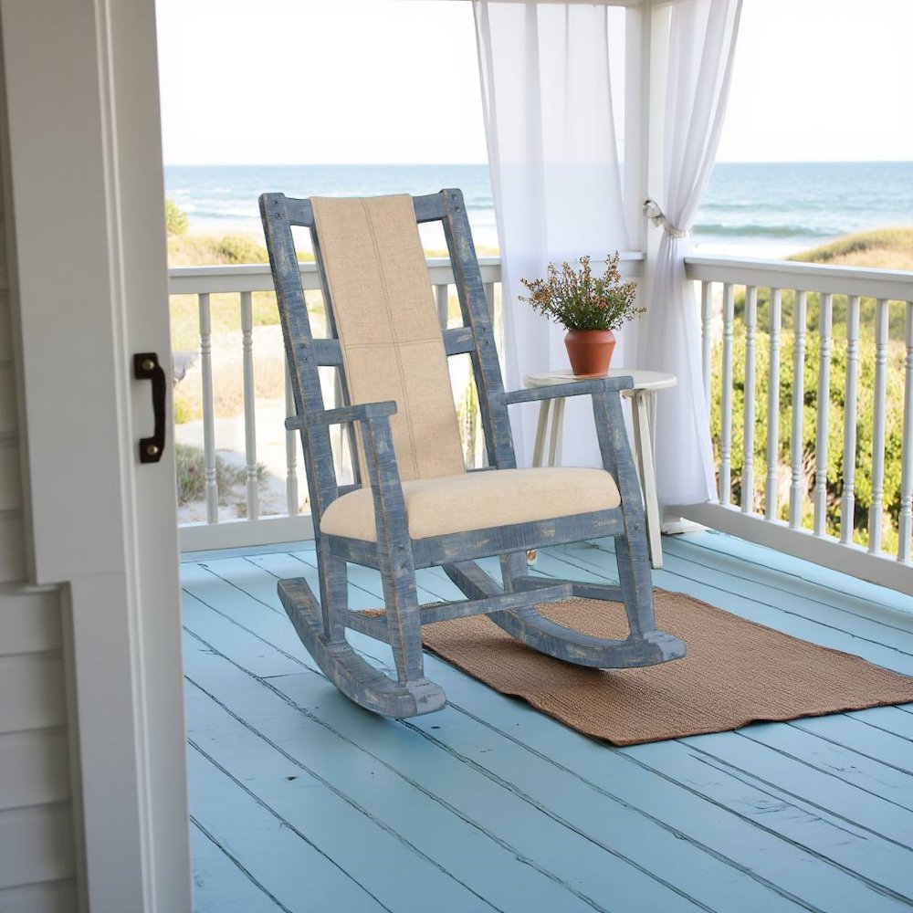 Solid Wood Rocking Chair with Cushion Seat & Back, Ocean Blue Finish