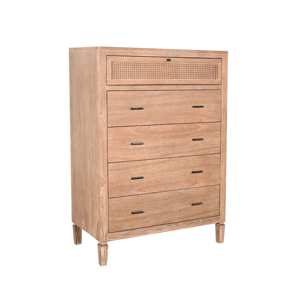 Natural Wood 5-Drawer Chest with Woven Rattan Detail