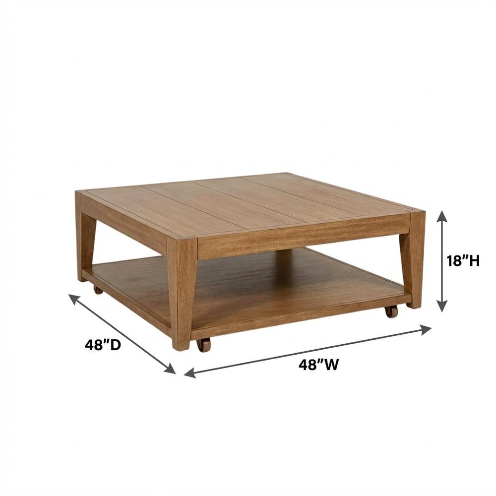 Light Brown Mahogany Wood Coffee Table with Casters for Living Room