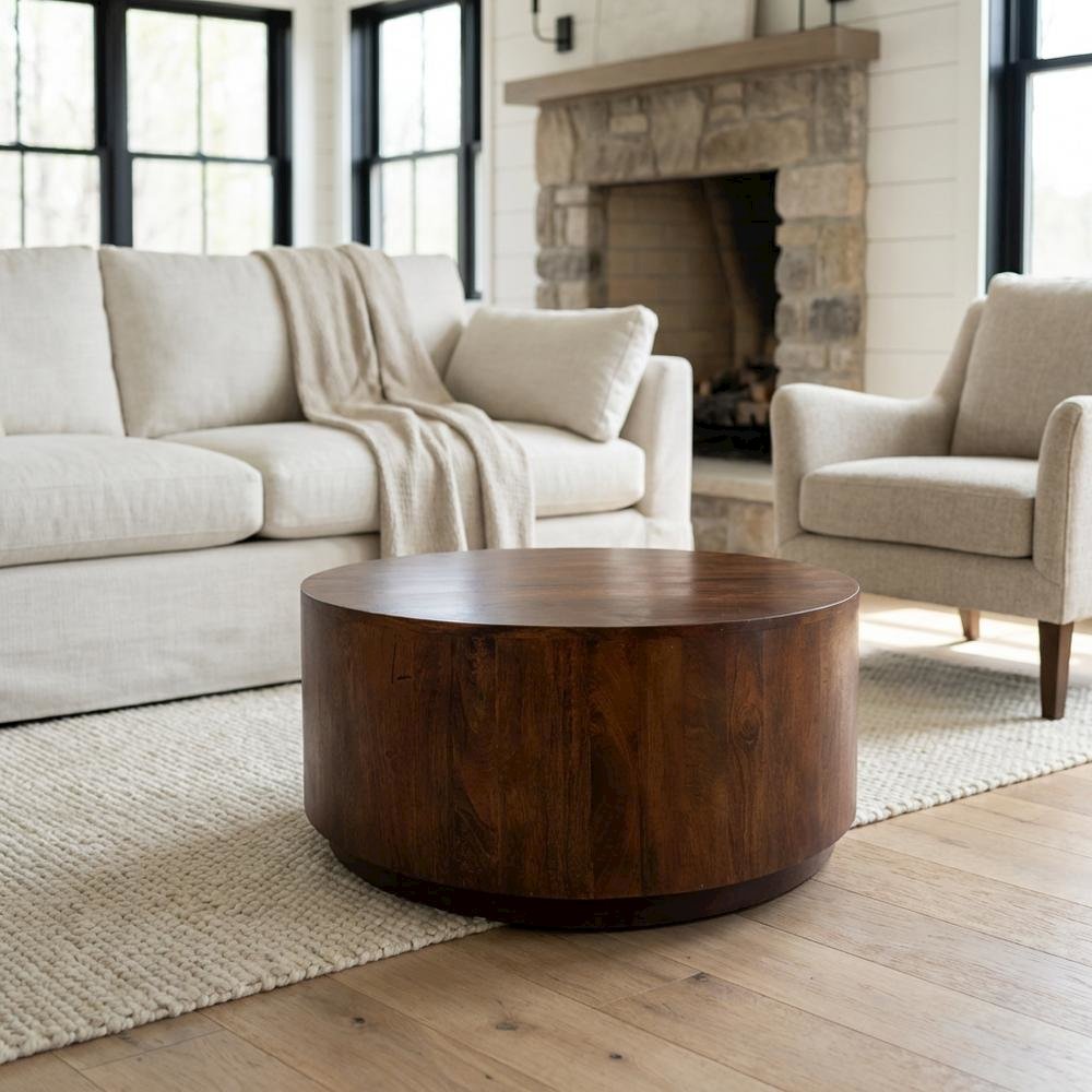 Round Mango Wood Coffee Table in Chestnut Finish for Living Room or Office