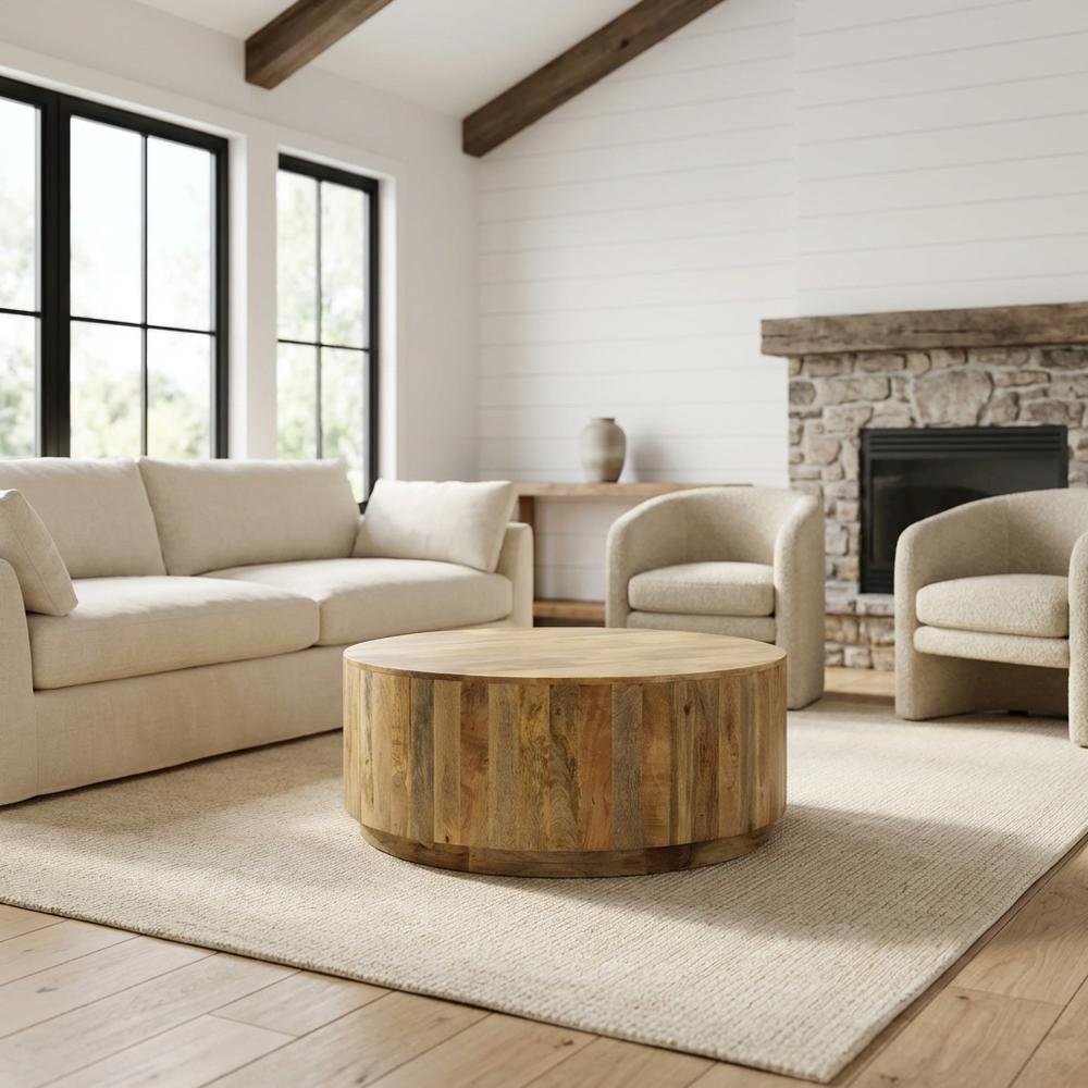 Natural Mango Wood Round Coffee Table with Sturdy Base
