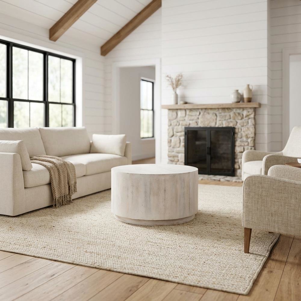 Round Mango Wood Coffee Table with Whitewash Finish for Living Room