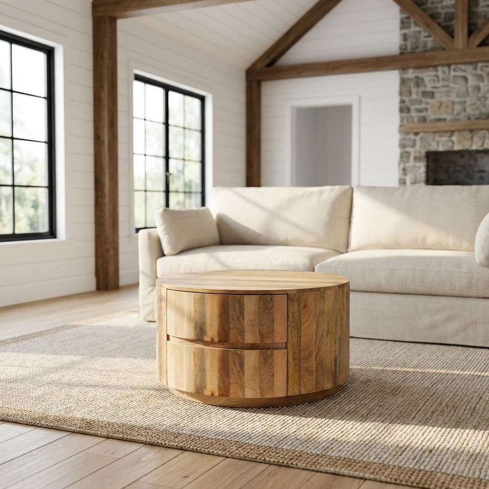 Natural Mango Wood Round Coffee Table with 2 Drawers and Metal Slides