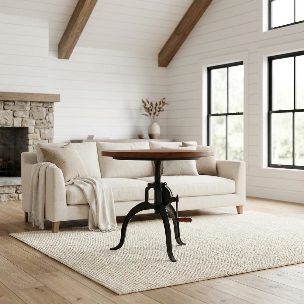 Rustic Adjustable Coffee Table, Mango Wood Top, Cast Iron Base