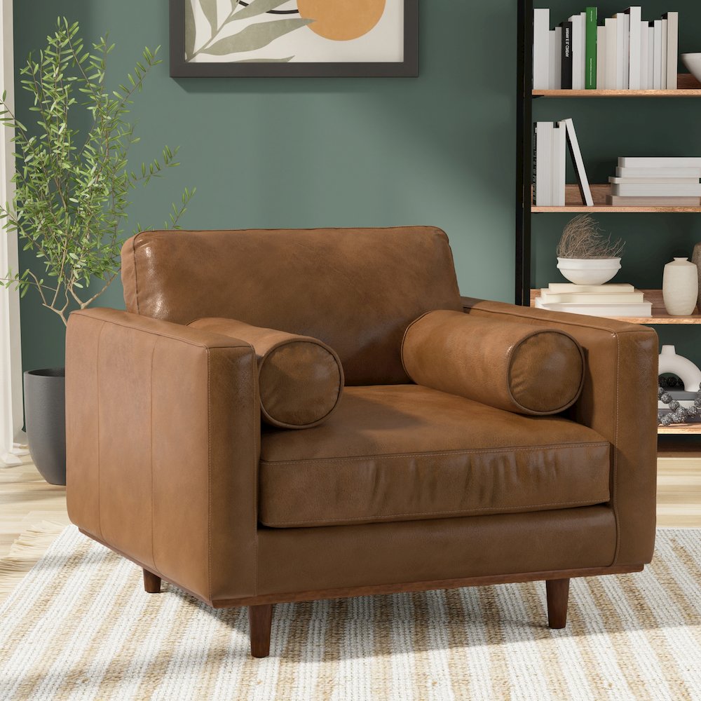 Mid-Century Modern Accent Chair In Caramel Brown Top Grain Genuine Leather