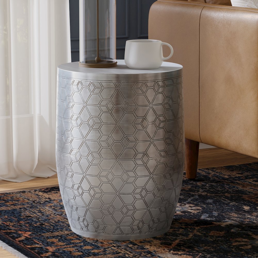 15"W Boho Geometric Pattern Metal Accent Table in Antique Silver Iron, Assembled