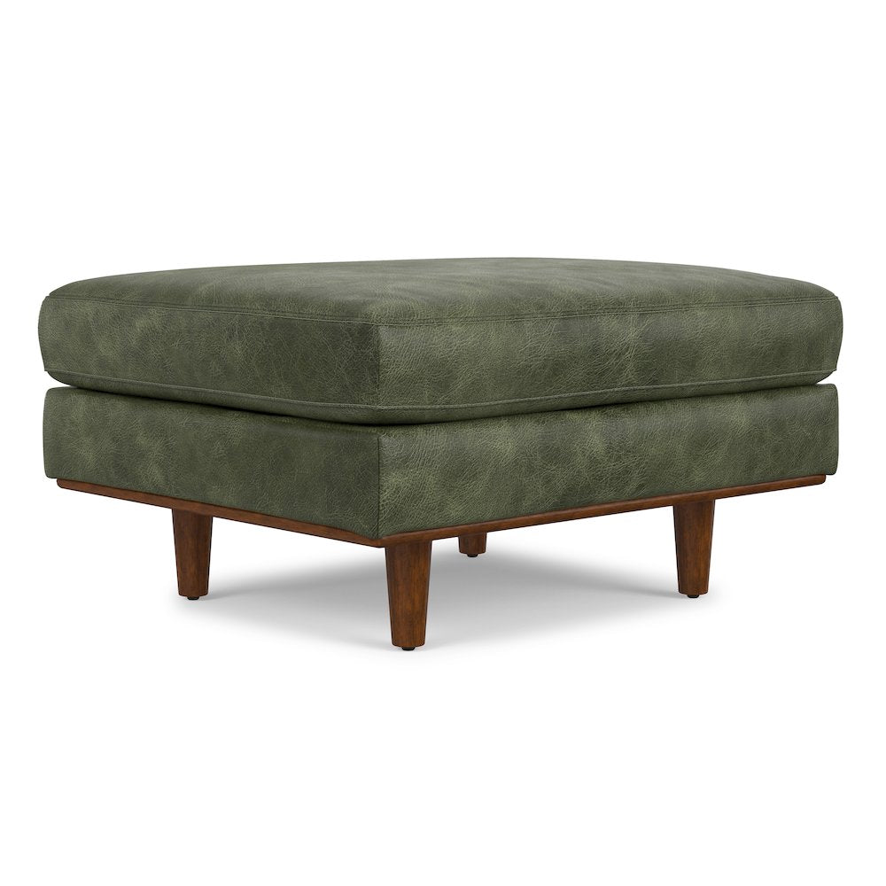 33 Inch Wide Mid-Century Modern Table Ottoman In Moss Green Genuine Leather