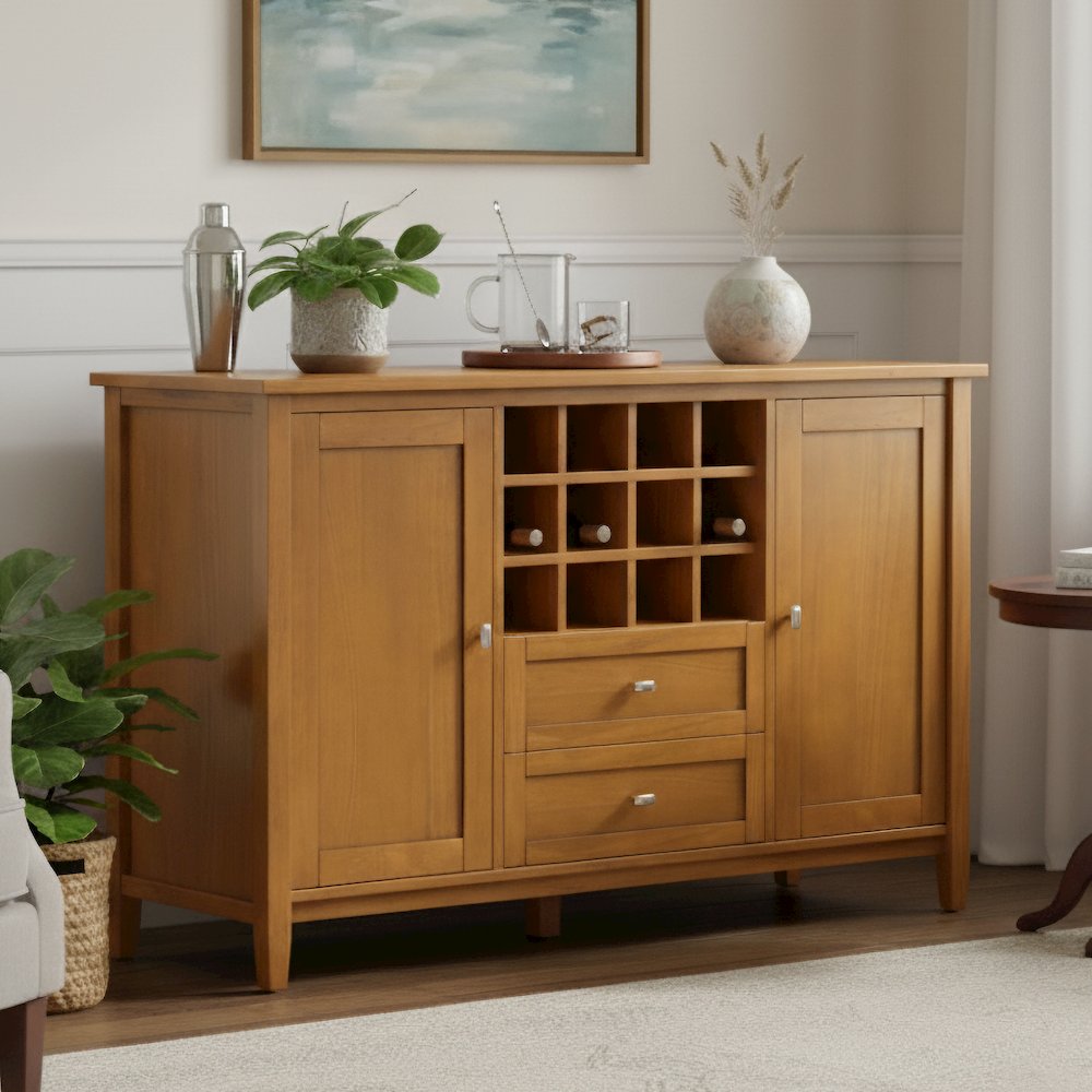 54 inch Wide Transitional Storage Cabinet with Wine Rack in Light Golden Brown
