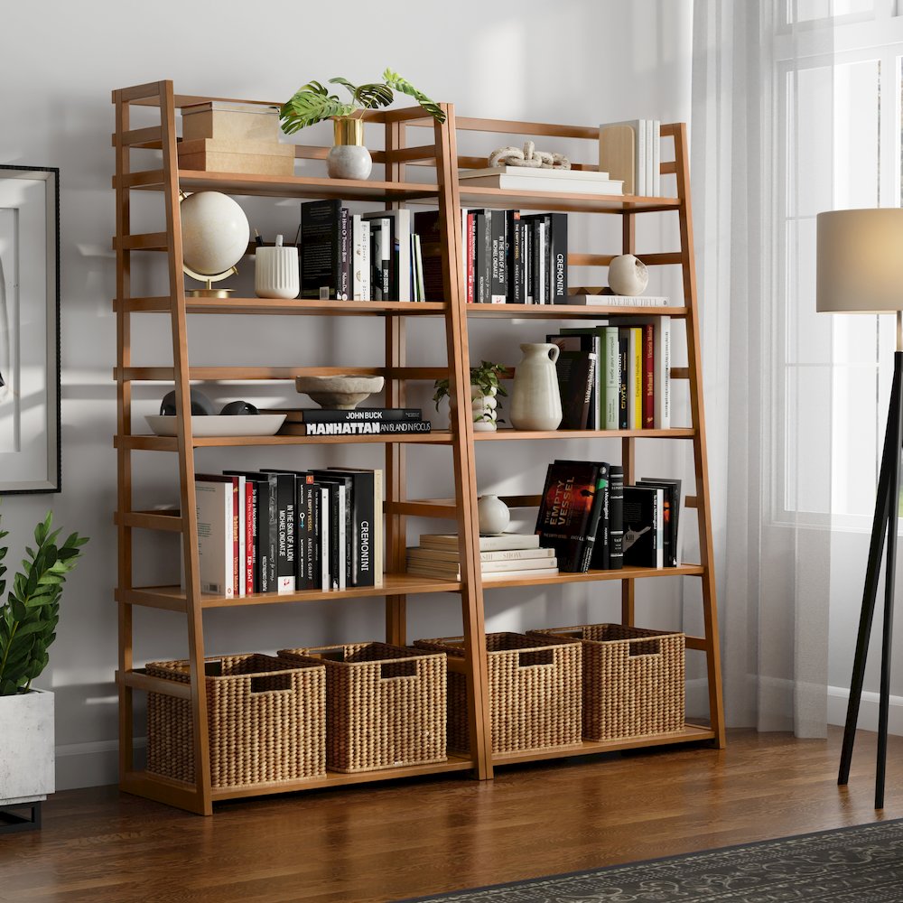 30 Inch Solid Wood 5 Shelf Ladder Bookcase In Light Golden Brown (Set Of 2)