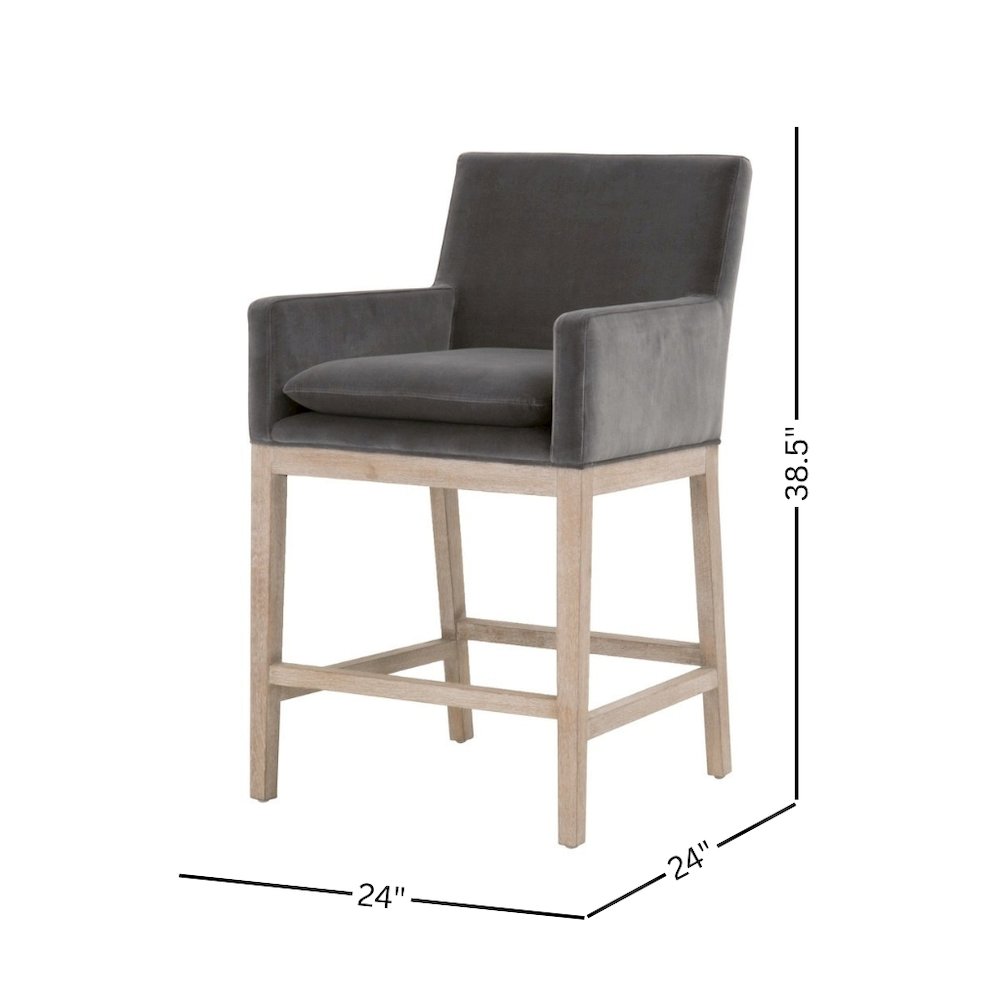 Gray Counter Stool, Solid Oak Wood Base, Velvet Cushion