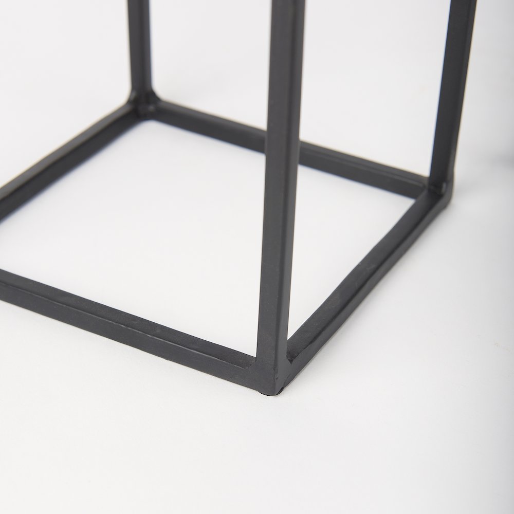 Set of 2 Matte Black Metal and Hurricane Glass Pillar Tabletop Candle Holders