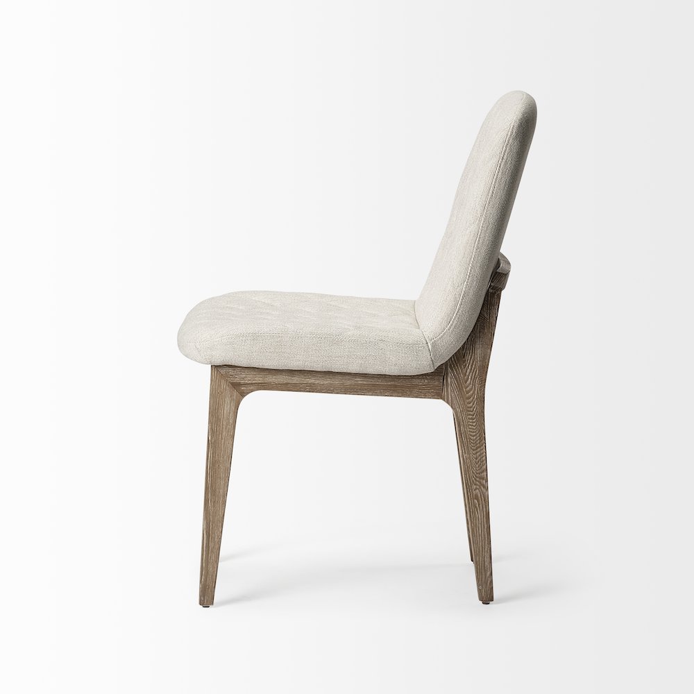 Diamond Tuffed Cream Fabric Wrap Brown Wood Base Dining Chair