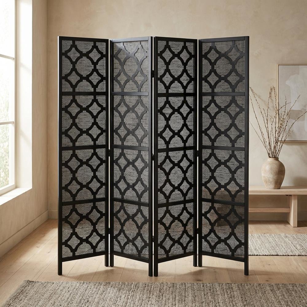 Black 4-Panel Wood Folding Room Divider, Fabric, Transitional, 70 Inch